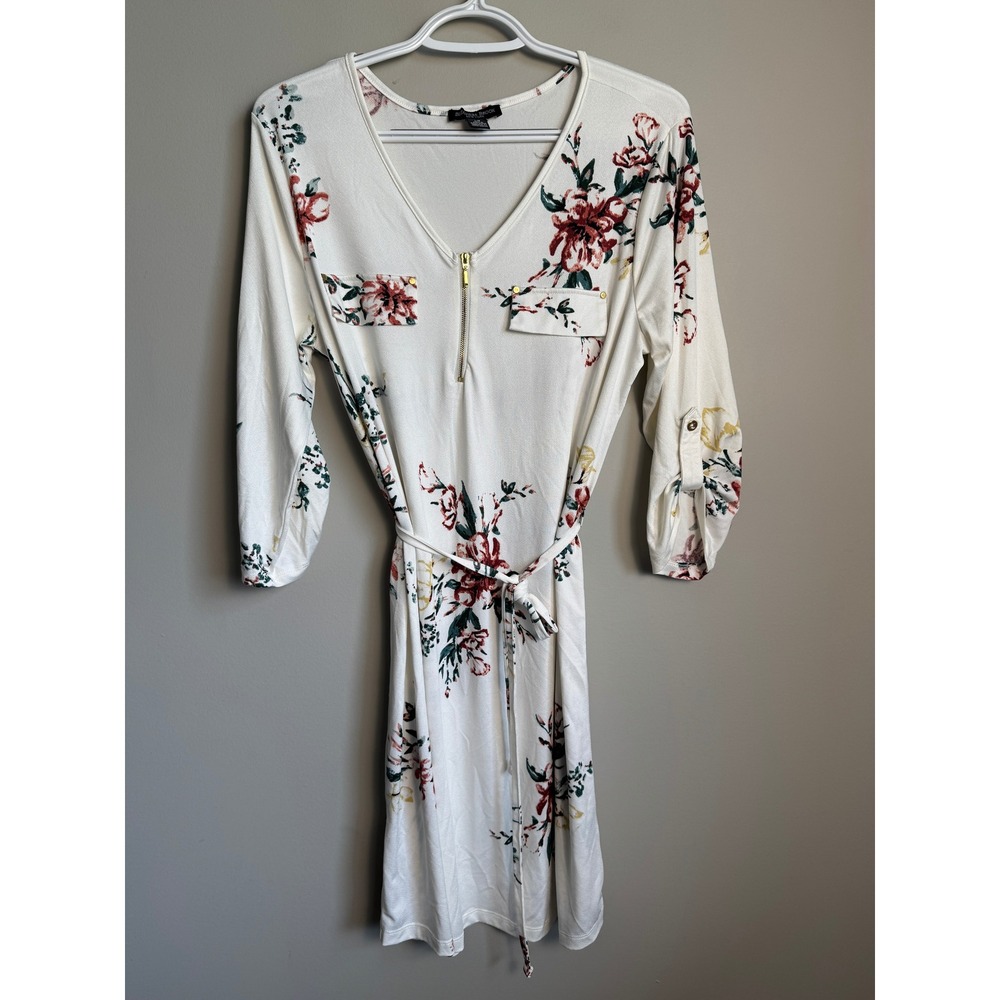 Beechers Brook Floral V-Neck Belted Dress Women L Ivory Cream Floral Cottagecore